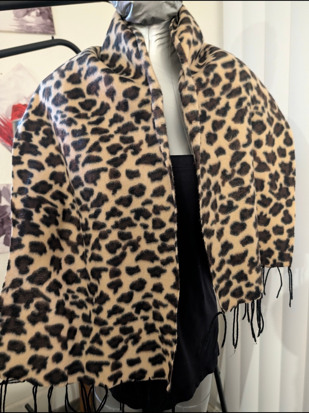 Leopard Print Shawl Collar Coat - Beige/Black